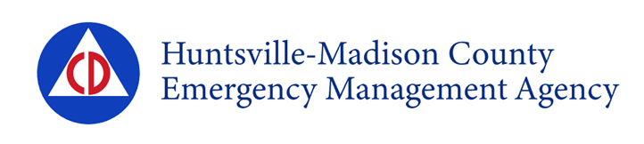Huntsville-Madison County Emergency Management Agency logo with text and a blue circle containing a white triangle with red CD inside.